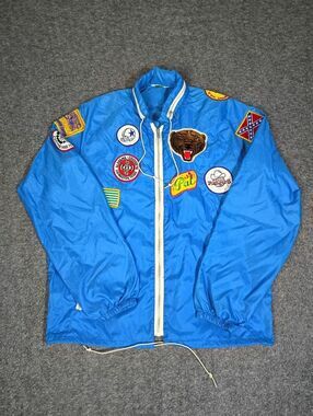 Vintage 80's Aqua Sheen Patch Windbreaker Hidden Hood USA Texas Blue Rare